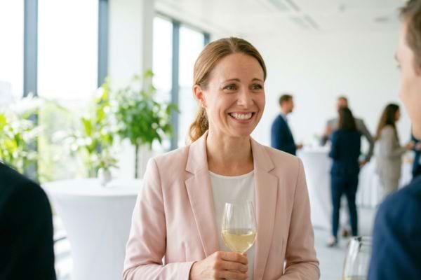 Femme souriante tenant un verre lors d&rsquo;un &eacute;v&eacute;nement professionnel