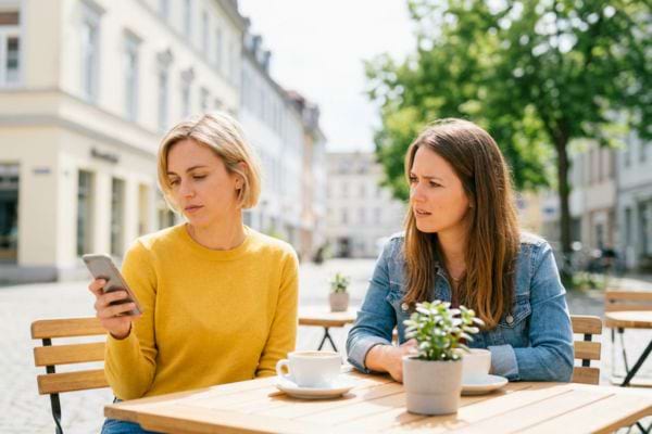 Deux femmes assises en terrasse, l&rsquo;une regarde son t&eacute;l&eacute;phone