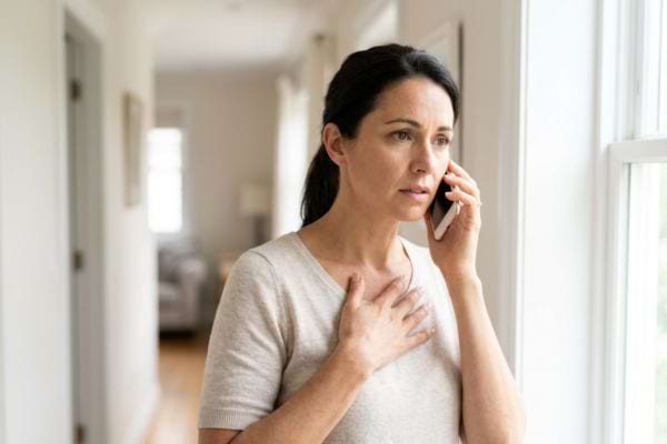 Femme appelant les secours avec une main sur la poitrine