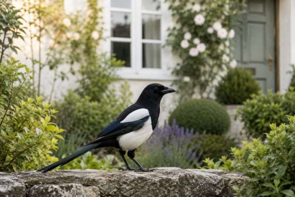 Pie noire et blanche dans un jardin devant une maison.