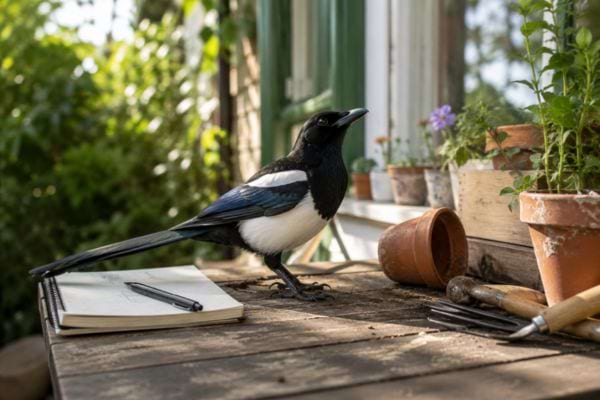 Pie curieuse posée sur une table de jardinage en bois.