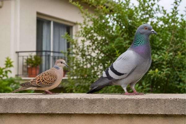 Tourterelle et pigeon posés sur un muret près d’une maison.