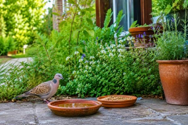 Tourterelle près d’une coupelle d’eau dans un jardin.