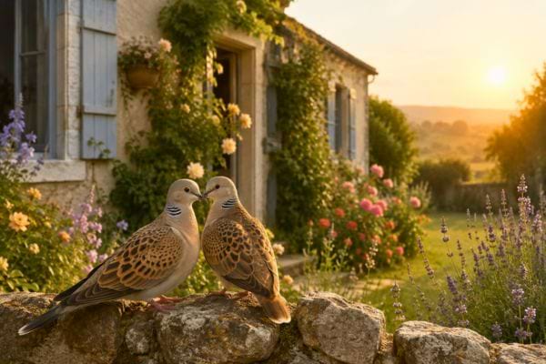 Deux tourterelles posées sur un muret au coucher du soleil.