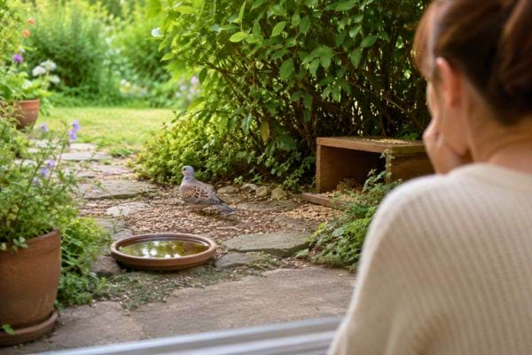 Femme observant une tourterelle dans son jardin.