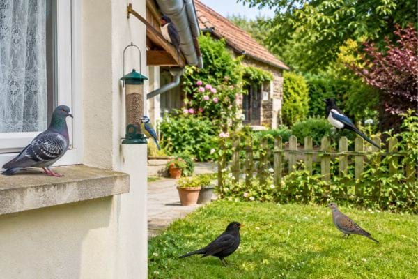 Oiseaux réunis autour d’une maison avec mangeoire.