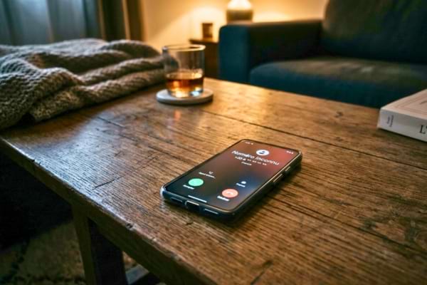 'un smartphone pos&eacute; sur une table de salon en bois, l'&eacute;cran allum&eacute; affiche un appel entrant
