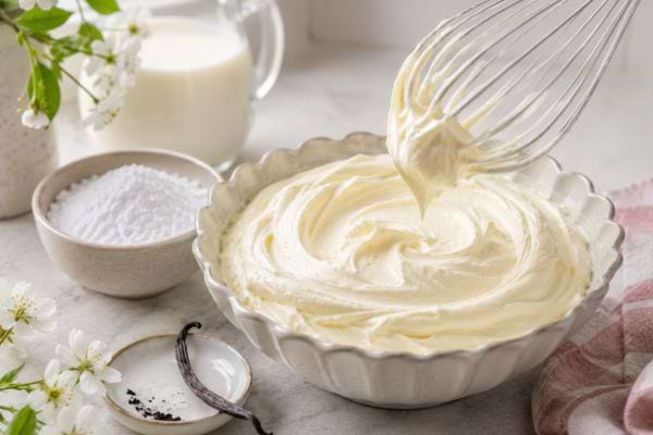Cr&egrave;me mascarpone vanill&eacute;e fouett&eacute;e dans un bol, avec un fouet