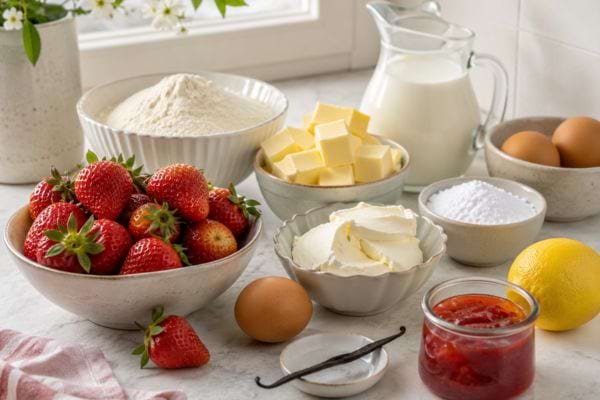 Ingr&eacute;dients pour une tarte aux fraises maison avec fraises fra&icirc;ches,