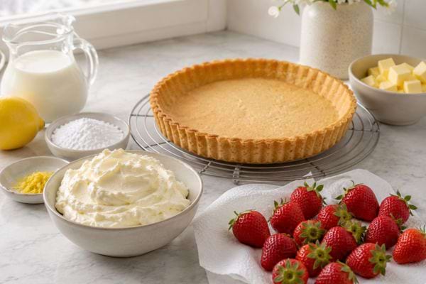 Fond de tarte dor&eacute; refroidi sur une grille, cr&egrave;me fouett&eacute;e et fraises s&eacute;ch&eacute;es sur du papier 