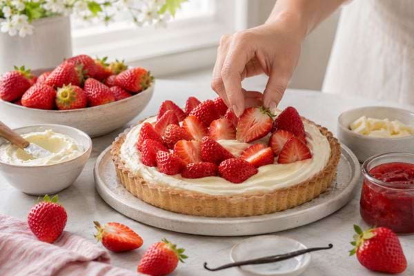 Montage d&rsquo;une tarte aux fraises avec une main qui dispose des fraises fra&icirc;ches 