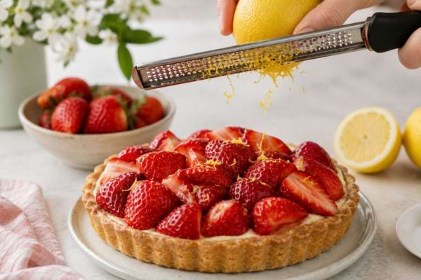 Zeste de citron r&acirc;p&eacute; au-dessus d&rsquo;une tarte aux fraises brillante garnie de cr&egrave;me