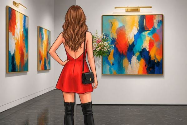 Femme en robe rouge et bottes noires, vue de dos dans une galerie d&rsquo;art face &agrave; un tableau color&eacute;
