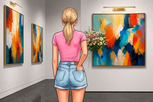 Femme en t-shirt rose et short en jean, vue de dos dans une galerie devant une peinture abstraite
