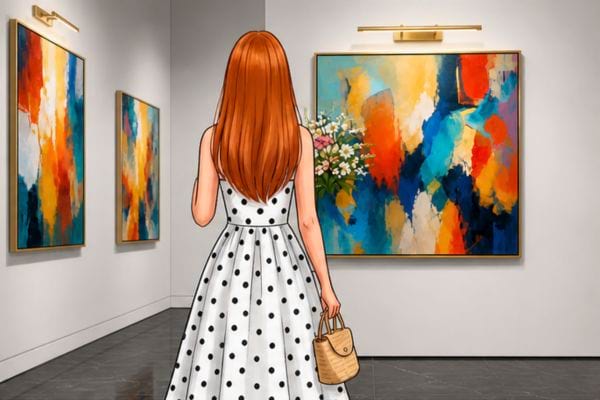 Femme en robe blanche &agrave; pois avec sac &agrave; main, vue de dos devant un tableau color&eacute;