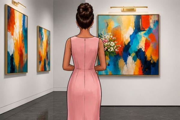 Femme en robe longue rose &eacute;l&eacute;gante, vue de dos dans une galerie face &agrave; une &oelig;uvre abstraite