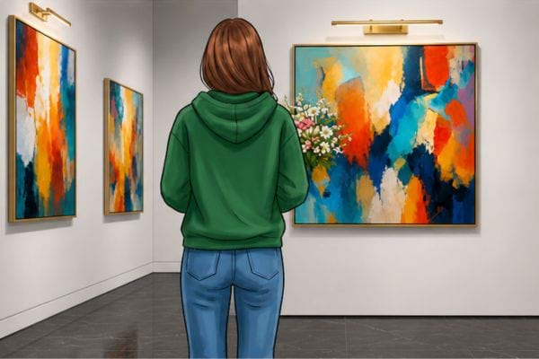 Femme en sweat vert et jean, vue de dos dans une galerie d&rsquo;art devant une peinture vive