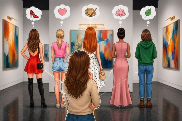 Cinq femmes de dos dans une galerie, une autre femme observe et r&eacute;fl&eacute;chit &agrave; leur style