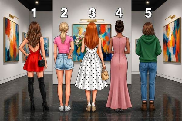 Cinq femmes de dos dans un mus&eacute;e, tenues vari&eacute;es, face &agrave; des tableaux color&eacute;s