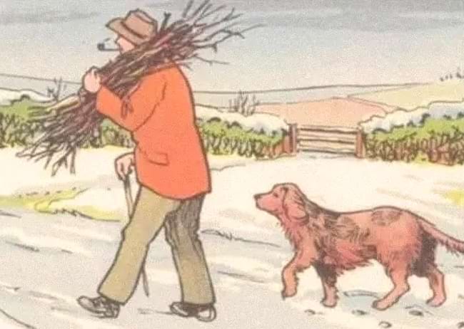 un homme et de son chien dans un paysage enneigé