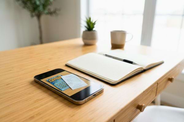 Smartphone avec ticket de loterie pos&eacute; sur un bureau avec carnet et stylo