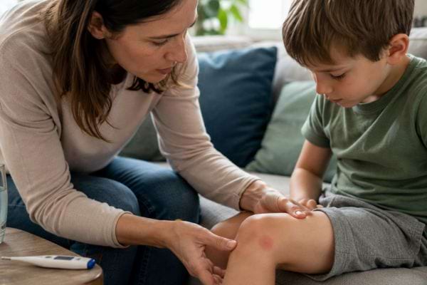Parent surveillant une rougeur sur la jambe d&rsquo;un enfant apr&egrave;s une piq&ucirc;re de tique