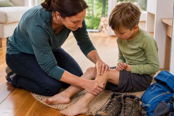 Parent inspectant la jambe de son enfant apr&egrave;s une balade en for&ecirc;t pour v&eacute;rifier les tiques