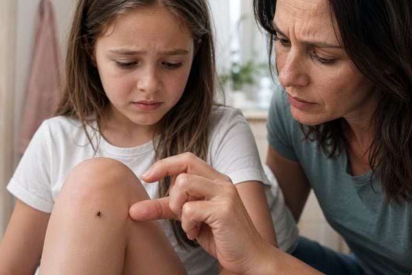 Parent inquiet devant une tique sur la jambe de son enfant, geste &agrave; &eacute;viter avec les doigts