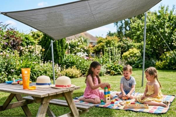 Des enfants souriants jouant &agrave; l'ombre sous une grande voile grise