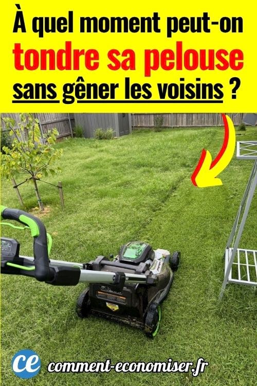 Tondeuse &agrave; gazon en train de couper une pelouse dans un jardin cl&ocirc;tur&eacute; avec abri au fond