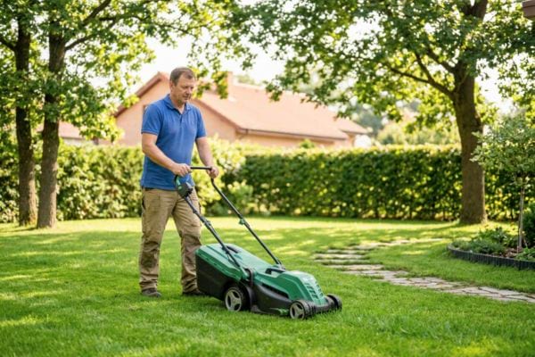 Homme tondant la pelouse dans un jardin r&eacute;sidentiel ensoleill&eacute;