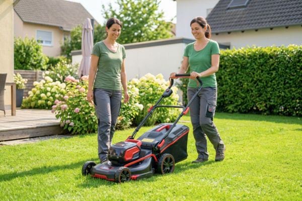 Deux femmes tondant la pelouse ensemble dans un jardin