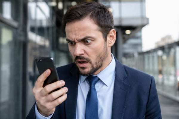 Un homme en costume choqué par une vidéo sur son smartphone