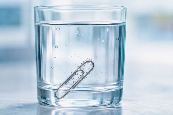 un verre d'eau transparent contenant un petit trombone métallique