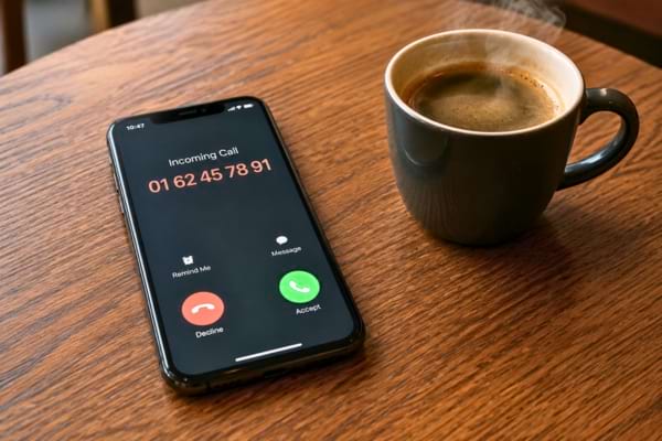 un smartphone posé sur une table en bois, l'écran allumé affiche un numéro entrant