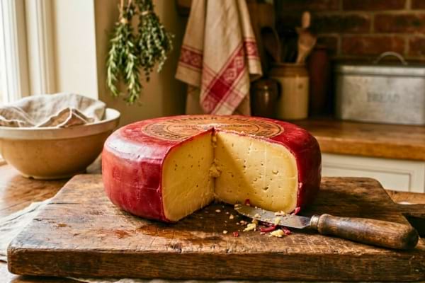 un gros fromage rond recouvert de cire rouge partiellement entam&eacute; sur une planche en bois rustique