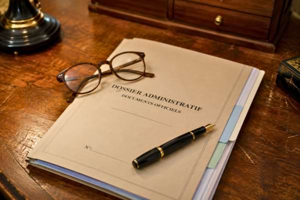 un dossier administratif officiel pos&eacute; sur un bureau en bois ancien