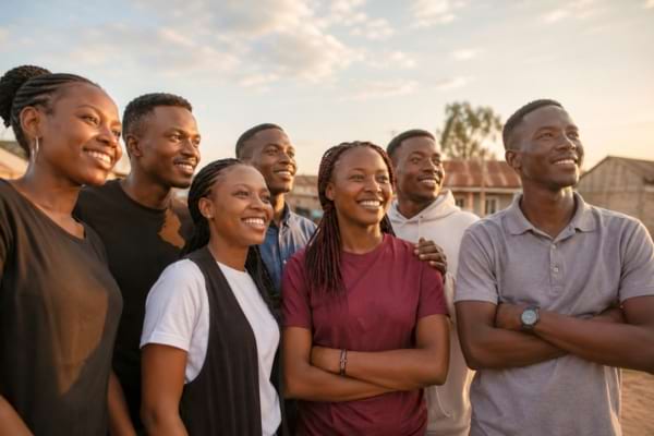 Un groupe de jeunes adultes k&eacute;nyans souriants, regardant vers l'avenir avec espoir