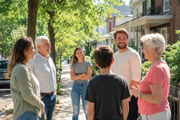 Des voisins de diff&eacute;rents &acirc;ges discutant calmement et de mani&egrave;re conviviale sur le trottoir
