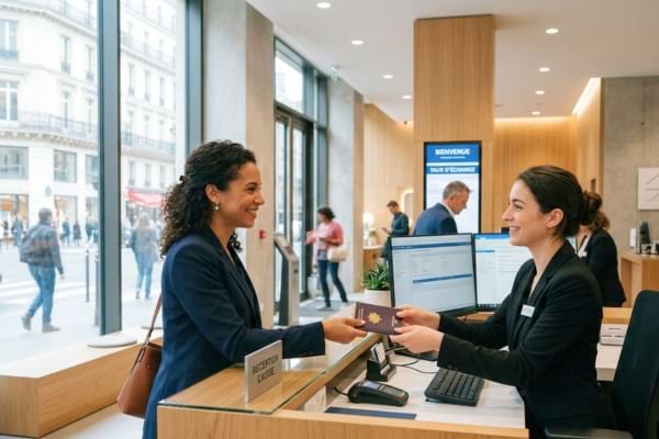A customer is interacting with a friendly bank teller at a sleek wooden counter, handing over a passport.
