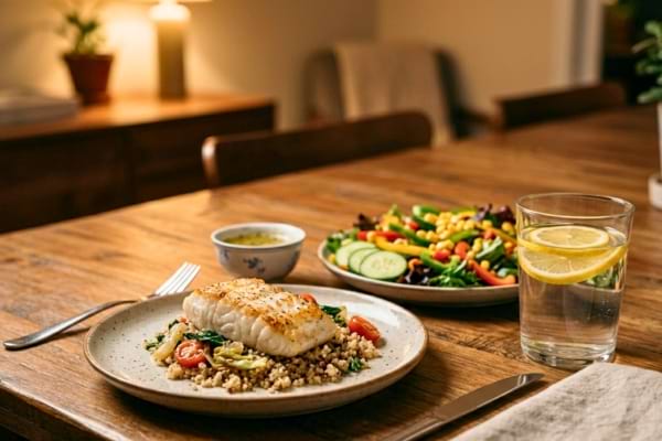 un d&icirc;ner l&eacute;ger et sain sur une belle table en bois : une salade color&eacute;e, un filet de poisson