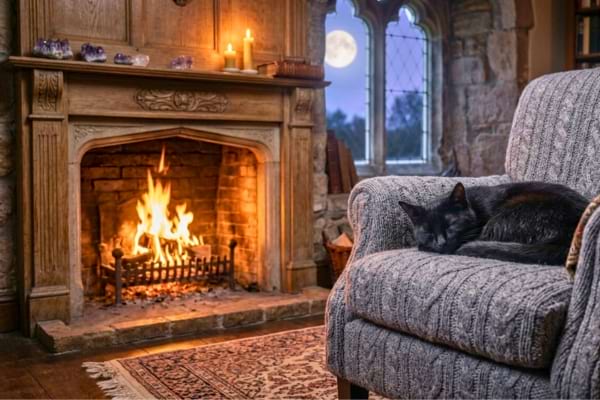 A black cat sleeping peacefully curled up on a knitted armchair, near a lit fireplace.
