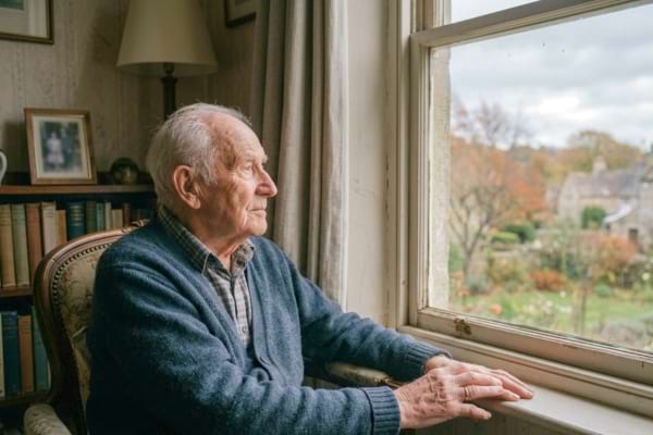 un homme tr&egrave;s &acirc;g&eacute; regardant par la fen&ecirc;tre avec un regard lointain et paisible, semblant perdu dans ses pens&eacute;es