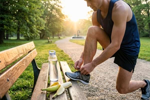 Un coureur  &Agrave; c&ocirc;t&eacute; de lui sur un banc en bois, une banane &agrave; moiti&eacute; &eacute;pluch&eacute;e