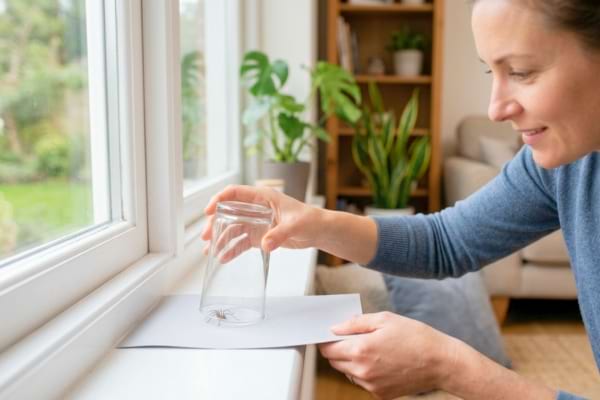 personne capturant d&eacute;licatement une araign&eacute;e avec un verre transparent et une feuille de papier,