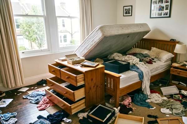 a messy bedroom after a burglary, clothes scattered on the floor, drawers pulled out of a wooden dresser