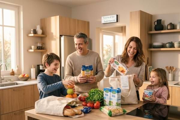 a family smiling while unpacking groceries in a modern kitchen