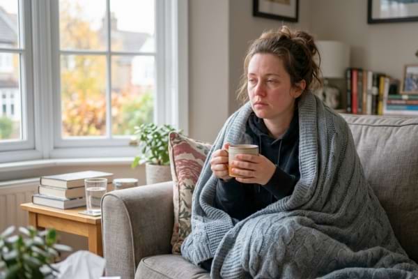 A person wrapped in a cozy blanket on a sofa, holding a warm cup of tea, looking very tired and feverish.