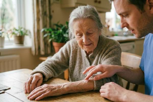 n soignant appliquant d&eacute;licatement une pommade sur le bras fin et fragile d'une personne en fin de vie
