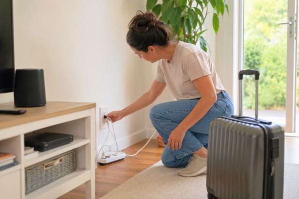 Femme débranchant une multiprise avant de partir en vacances.